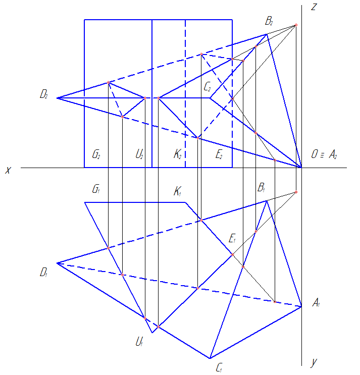 Построить проекции линии пересечения пирамиды АВСД и призмы EKGU (высота призмы 85 мм)