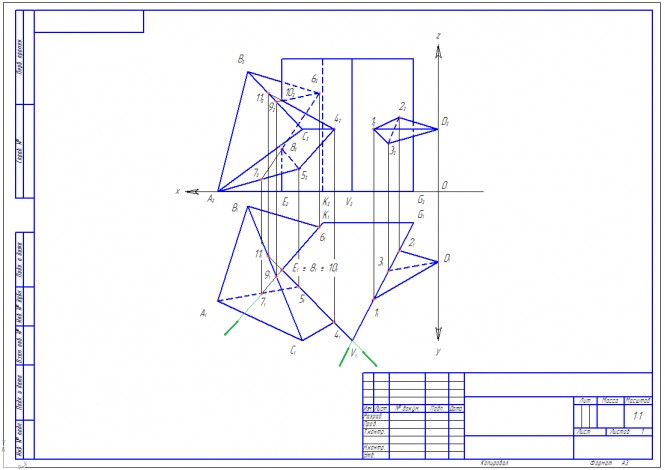 Построить проекции линии пересечения пирамиды АВСD и призмы ЕКGV (высота призмы 85 мм)